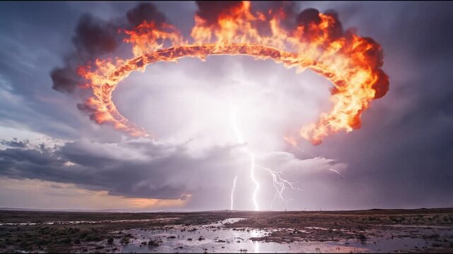 Fiery ring portal swirling in stormy sky concept. Dramatic fiery ring cloud formation over vast arid landscape during sunset with stormy sky