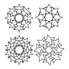 Star geometric mandalas. Abstract circular shapes. Black outline Vector ornament. Decorative pattern set..