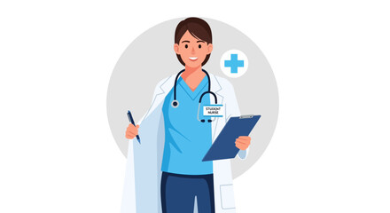 Fototapeta premium Female doctor wearing a white coat and stethoscope holding a pen and clipboard.
