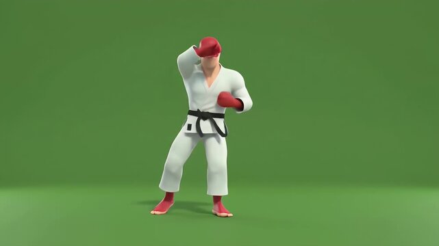 Dynamic Martial Arts Character Performing High Kick in White Gi and Red Gear on Green Screen