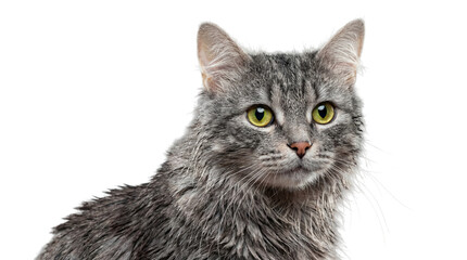 Fototapeta premium a detailed portrait of a grey tabby cat with bright green eyes, its fur slightly ruffled, looking intently to the side against a crisp white backdrop.