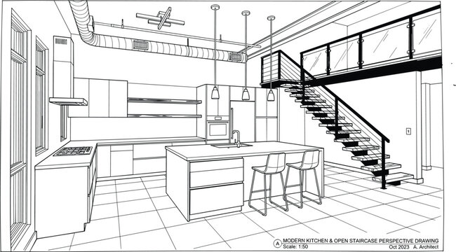 Detailed interior perspective of a modern kitchen and open staircase featuring industrial exposed ductwork, a kitchen island, and minimalist cabinetry.