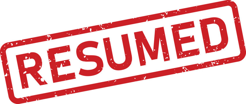 A striking red rectangular grunge rubber stamp displays the word RESUMED signifying continuation or a restart