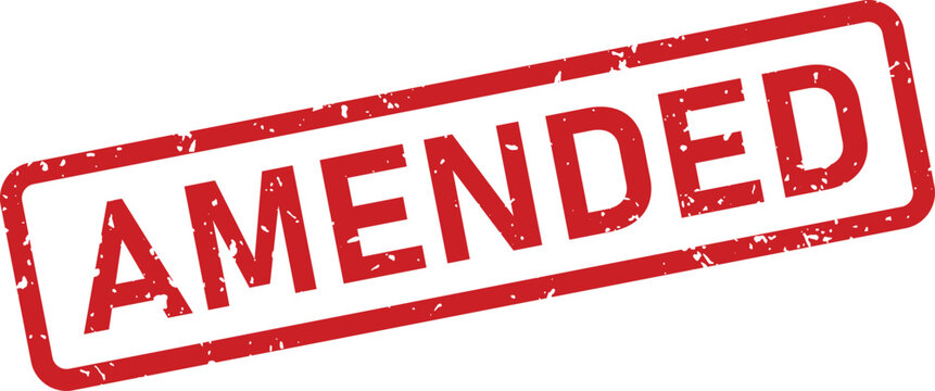 A striking red amended rubber stamp with a distressed surface signals a revised or changed document status