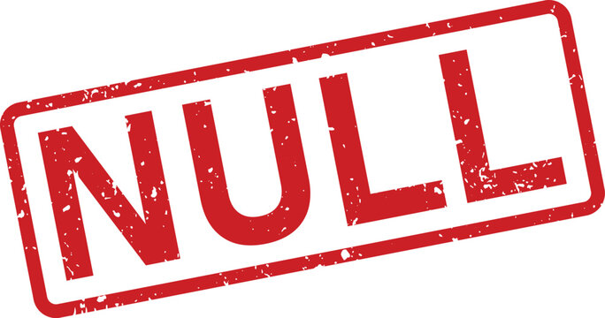 A striking red rubber stamp with the word NULL in uppercase letters features a gritty distressed texture on white