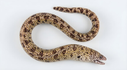 Top-down studio shot of a brown and tan spotted moray eel with an open mouth, showcasing its unique patterned skin and serpentine body on a clean white background