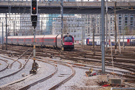 Scenic view of Hauptbahnhof railway station with track field and &Ouml;BB railjet arriving at Swiss city of Z&uuml;rich on a winter day. Photo taken March 10th, 2026, Zurich, Switzerland.