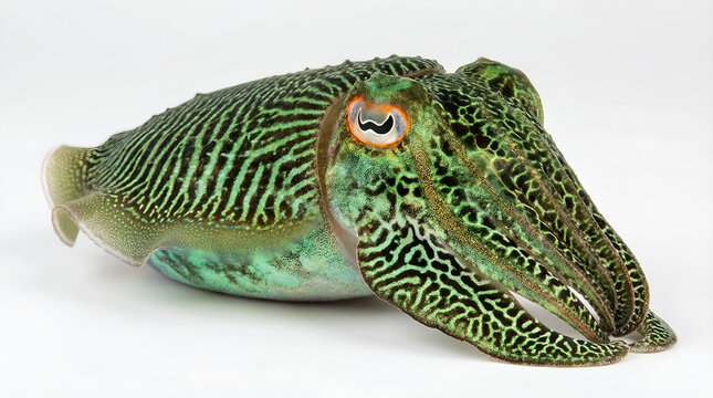 Vibrant green and black striped cuttlefish with intricate patterns on its body and tentacles, isolated on a clean white background, showcasing marine life for educational or design projects.