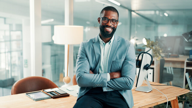 Portrait, advisor or black man in office with arms crossed, pride or ambition in accounting services. Happy, career or finance consultant with confidence, about us or experience in risk management.