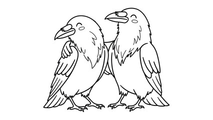 Obraz premium Two Ravens Embrace: A charming, hand-drawn illustration depicts two ravens in a close embrace, their eyes closed in a moment of shared affection and camaraderie. A symbol of friendship and loyalty.