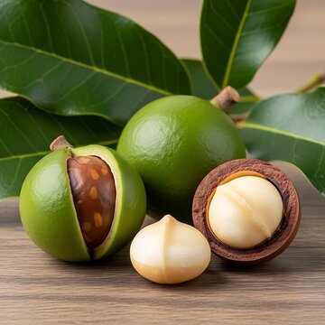 A macadamia nut and two halves on a table