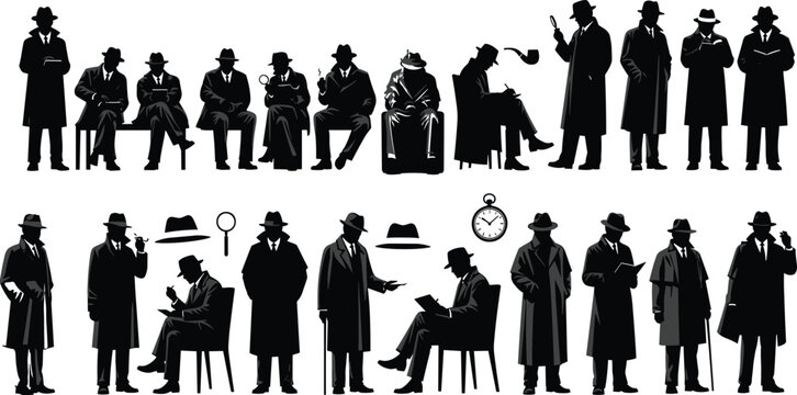 Vintage detective silhouettes collection, men in trench coats and fedora hats with magnifying glass pipe notebook, film noir mystery investigators group