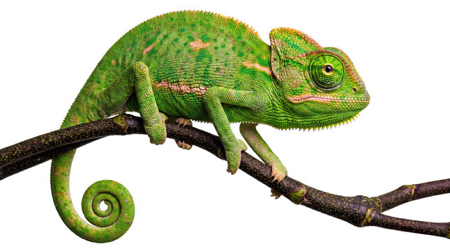 detailed studio photograph of a green chameleon on a dark branch, isolated on a transparent background emphasizing its intricate skin and alert expression.