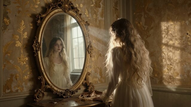 A woman in a white dress stands before a cracked, ornate mirror in a decaying room with golden wallpaper. Her reflection is visible, creating a haunting and mysterious atmosphere.