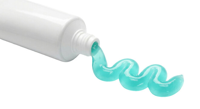 Close-up of a white unbranded tube with a swirl of turquoise gel toothpaste on transparent background. Blue gel toothpaste being squeezed from a white tube, symbolizing fresh oral hygiene . 