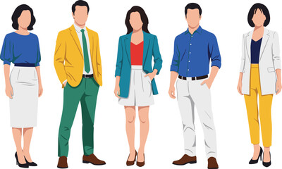 Obraz premium Vibrant professional group in colorful blazers, shirts, trousers, skirts, vector fashion illustration, modern business casual style, diverse office attire collection