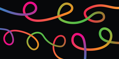 Vibrant multicolored neon light strands in wavy patterns against a black background