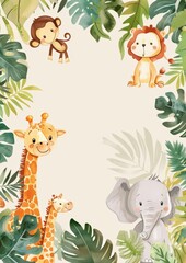 Naklejka premium Adorable watercolor jungle animals frame with cute lion, giraffe, elephant, and monkey surrounded by tropical monstera leaves and palm branches for baby shower invitation and nursery wall decor