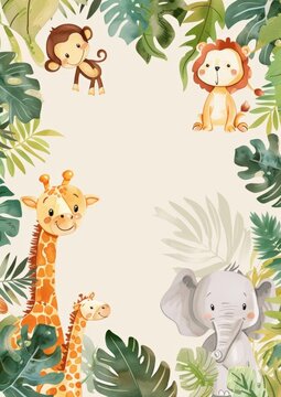 Adorable watercolor jungle animals frame with cute lion, giraffe, elephant, and monkey surrounded by tropical monstera leaves and palm branches for baby shower invitation and nursery wall decor