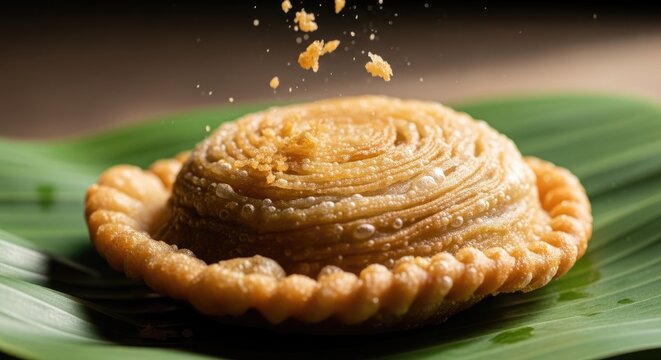 Delicious Curry Puff on a Green Leaf.