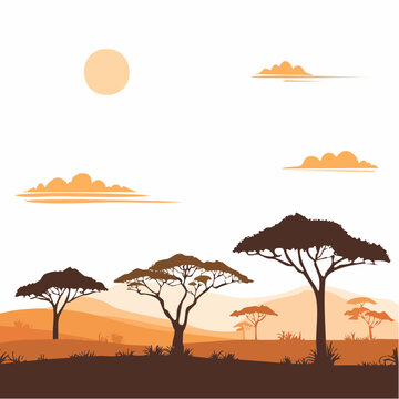Vibrant African Savanna Landscape with Iconic Acacia Trees Under a Warm Golden Sunset Sky