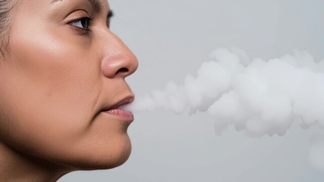 Close-up profile of Asian woman exhaling vapor smoke in slow motion. Vaping as unhealthy habit and addiction. Health risk from ecigarettes with copy space