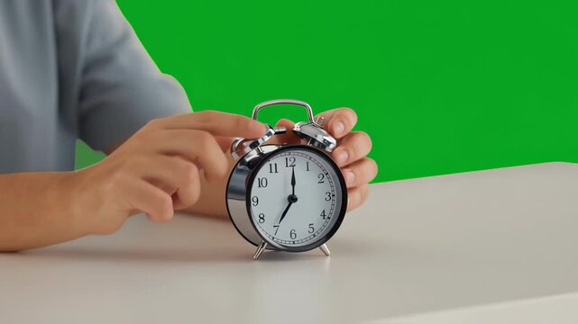 Person's hands adjusting an alarm clock on a white surface, green background