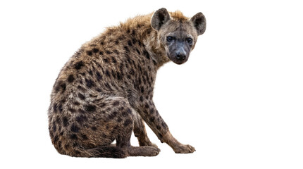 Obraz premium a striking spotted hyena is captured in a sitting pose, its face turned towards the viewer with an intense gaze, isolated on a clean white background for maximum impact.