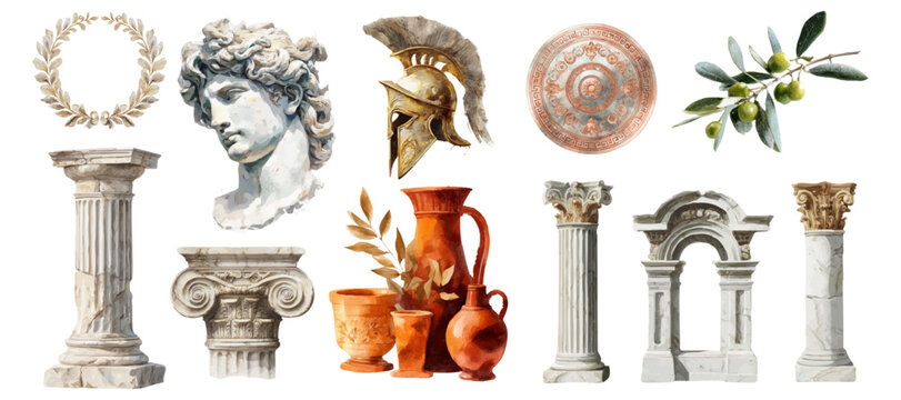 Hand-drawn antique Mediterranean architecture with Roman pillars, amphora vases, marble sculptures, and olive branches. Vintage bohemian design elements in soft tones.
