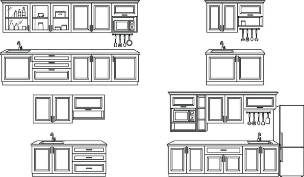 Quad-vignette elevation study of modular kitchen cabinetry featuring shaker-style doors, integrated appliances, and varied storage configurations.