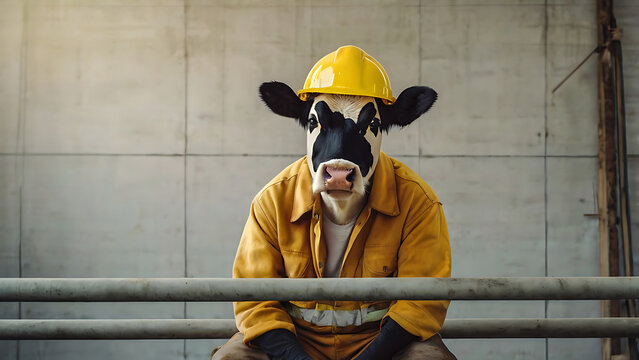 Calm cow wearing a yellow construction helmet sitting beside wide copy space on a soft pastel background. Creative Labour Day concept symbolizing agriculture workers, dedication, and rural workforce.