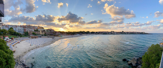 A scenic view of the Sozopol Central Beach in Bulgaria during sunset. © FingerPoppinDaddy