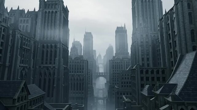Abandoned cityscape with tall buildings.