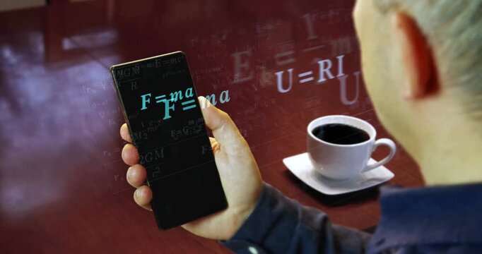 Physics formulas education and science symbol on smartphone. Abstract concept of news titles on phone in hand.