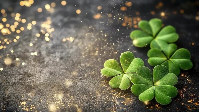 Green four-leaf clovers on textured surface with glittering highlights. Saint Patrick's Day, St Paddy's Day, St Patty's Day - Irish National Holiday and Cultural Celebration