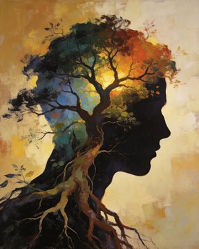 Human silhouette with tree growing from head symbolizing growth life and connection with nature