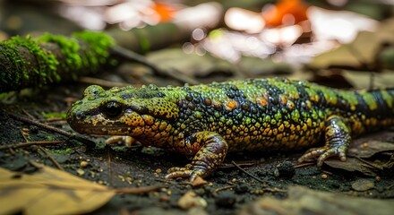 Fototapeta premium Brightly patterned salamander moving across damp forest ground among fallen leaves, highlighting vibrant amphibian colors and woodland habitat.