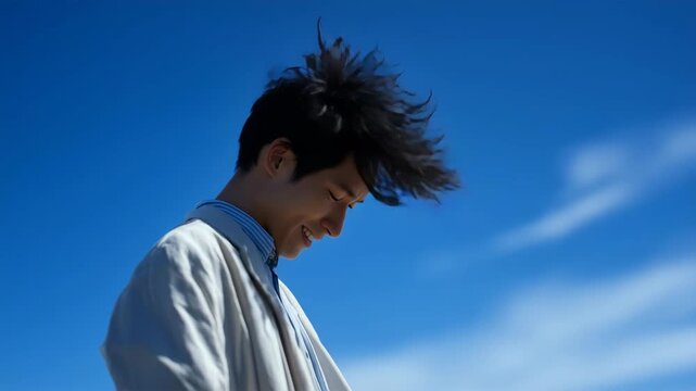 日本人男性が青空の下で立つ