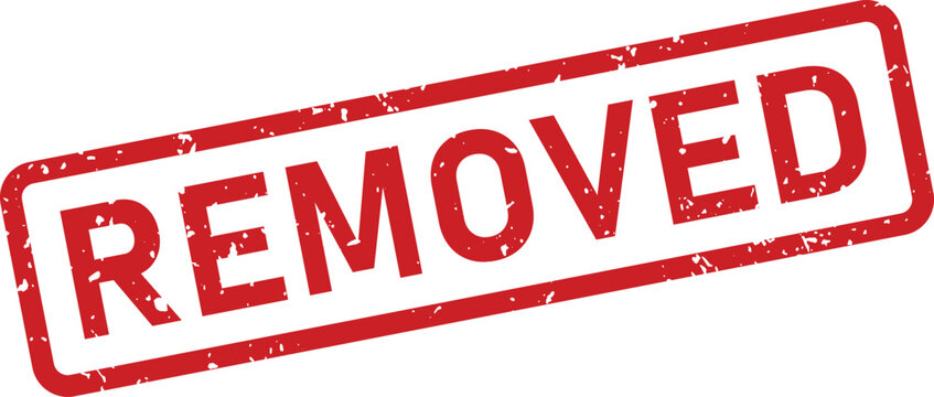 Grungy red rubber stamp with a clear impression of the word REMOVED on a crisp white backdrop