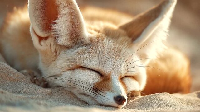 Fennec fox resting peacefully on sandy desert ground