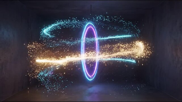 Empty rotating frame with neon circle animation concept. Abstract glowing neon rings with sparkling particles in a dark space with vibrant light effects