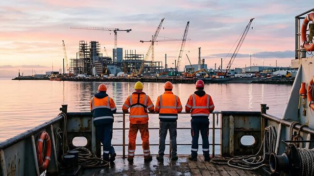 Four construction workers in high visibility jackets and hard hats stand on a boat deck overlooking a large industrial complex under development at