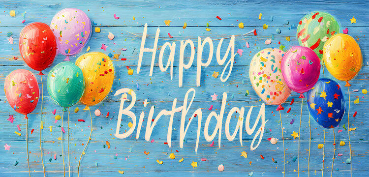 The blue wooden background is adorned with colorful balloons and festive flags that display a Happy Birthday message. Confetti sprinkles complement the celebratory mood, creating a joyful party atmosp