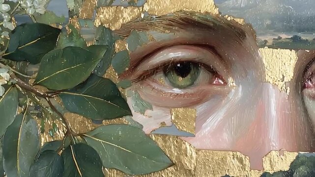 Collage of eye with green leaves.