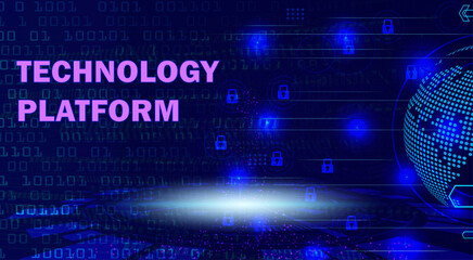 Abstract digital technology platform background with glowing purple text, binary code, and a global network sphere, ideal for cybersecurity and data concepts.