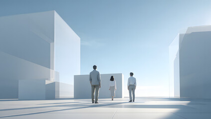 Fototapeta premium Three people stand near transparent building volumes in a white abstract environment in a futuristic composition illustrating the concept of a real estate launch campaign and property investment marke
