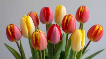 Obraz premium Vibrant bouquet of nine tulips in shades of red yellow and pink with green leaves on a gray background floral arrangement