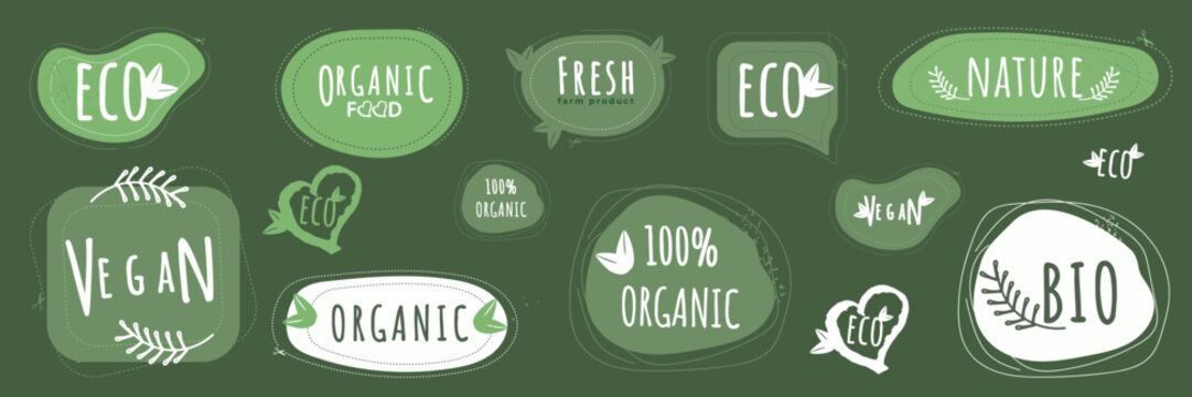 A set of green organic and vegan icons and stickers on a dark green background. A minimalist drawing style. Suitable for packaging products, farm goods, bio branding, and marketing.