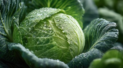 Obraz premium Macro shot of dew-kissed cabbage head, rich green texture and glistening droplets