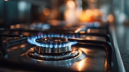 Obraz premium Macro view of a single gas burner in operation on a modern kitchen stovetop
